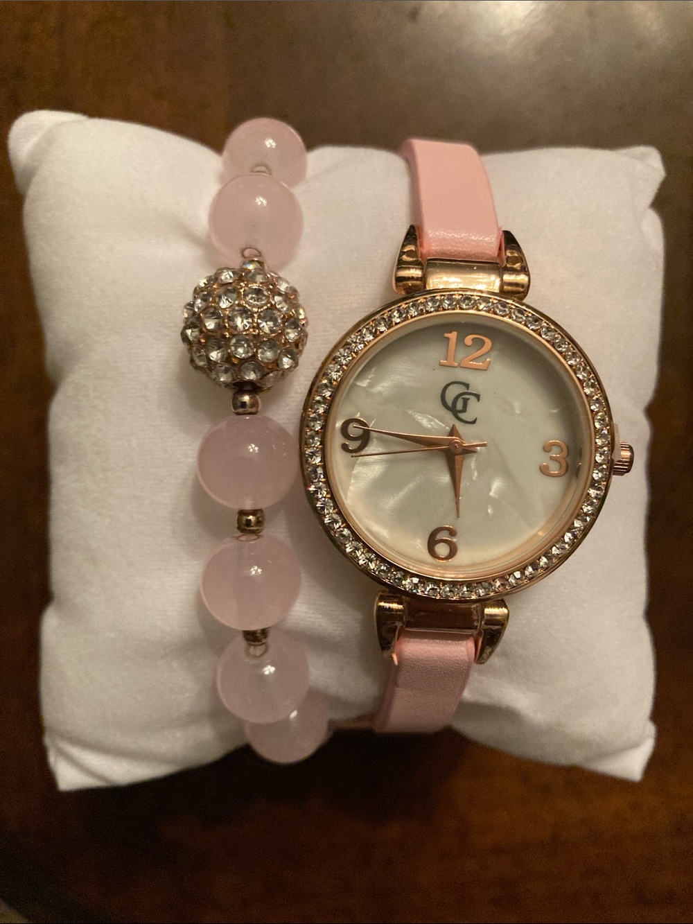 Gold Coast NIB Women's Rose Gold Toned Watch and Pink Rose Quartz Bracelet Set.